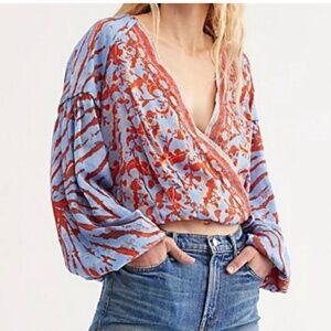 Free People Cruising Together Top Blue Orange Seaside Combo Blouse Medium M